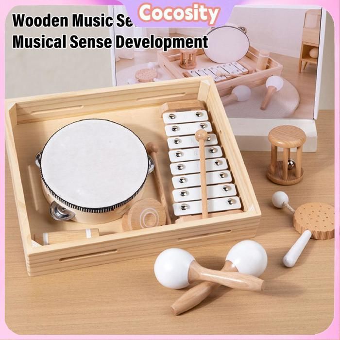 Juego de instrumentos musicales infantiles Cocosity: xilófono, pandereta y juegos de rompecabezas.