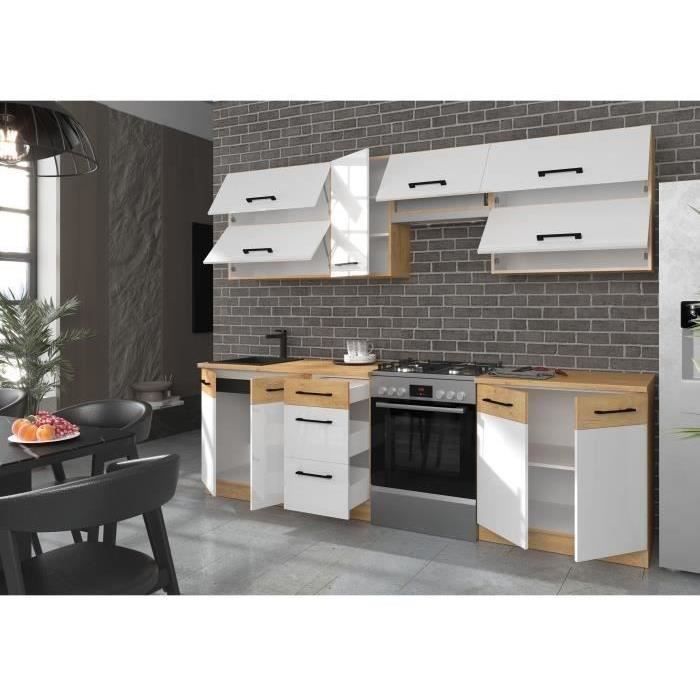 ROCK - Cocina completa - Roble Lancelot y melamina blanca brillante - 260 cm - Encimera no incluida