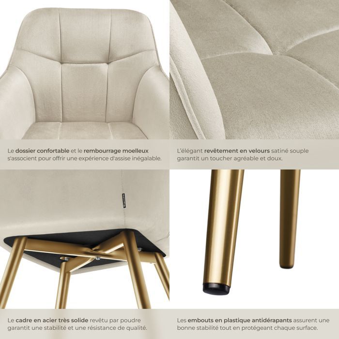 Cadeiras - TECTAKE - Conjunto de 4 cadeiras de jantar MARYLIN em veludo com pés em aço dourado - Creme/Dourado
