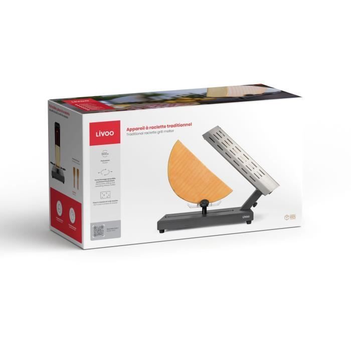 Appareil à raclette traditionnel - LIVOO - DOC314 - 600W - 6 à 8 personnes - Porte fromage amovible, coulissant, 360° - 2 spatules