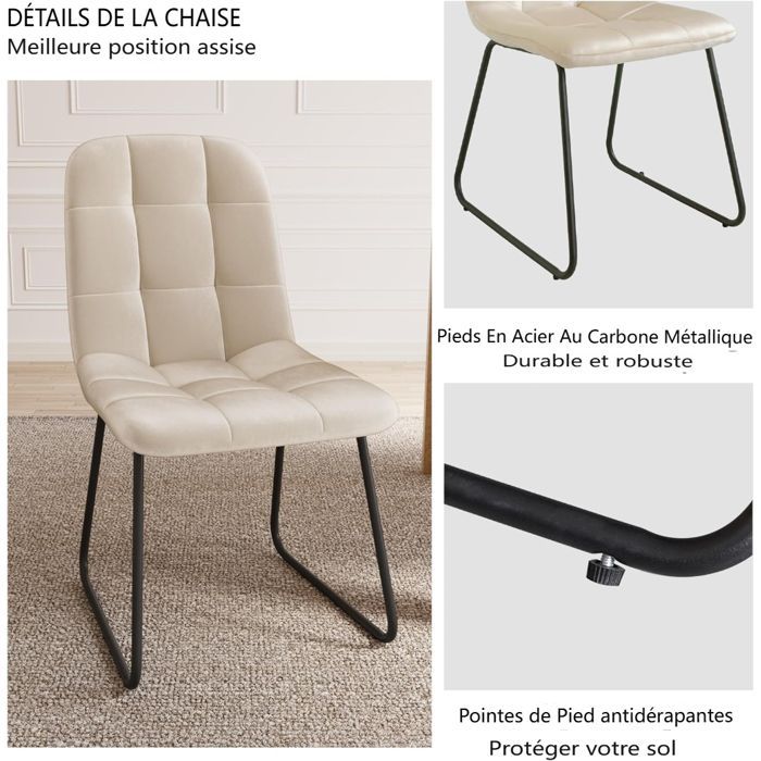 JIEXI Lot de 6 Chaises de Salle à Manger Ergonomique,Chaise de Cuisine en Velours Rembourrée,U Pieds en Métal (beige)