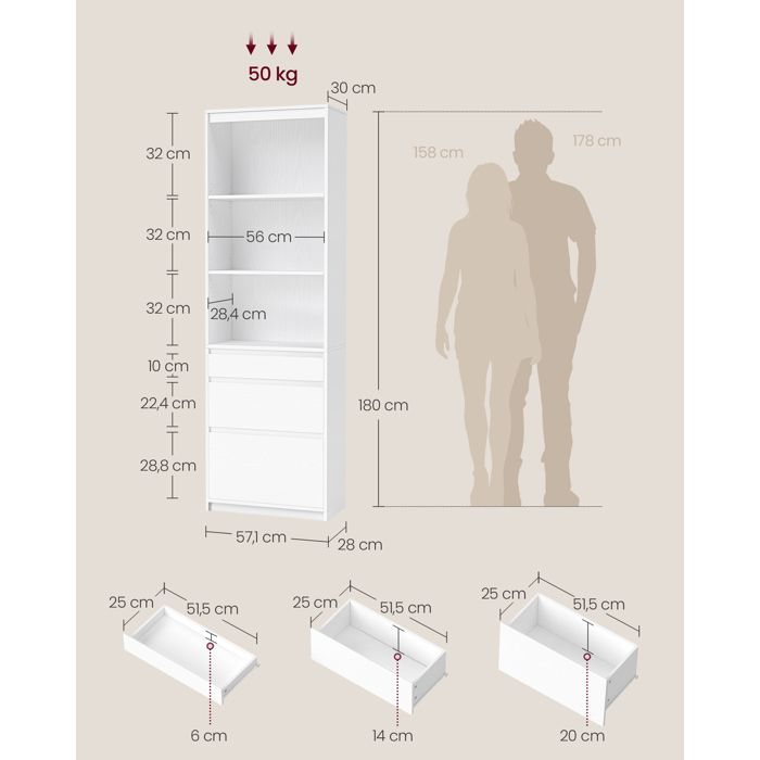 VASAGLE Kailyn Collection - Βιβλιοθήκη, Ψηλό Ντουλάπι, Μπουφές, 3 Συρτάρια, Ρυθμιζόμενα Ράφια, Ύψος 180 cm, Εξοικονόμηση Χώρου, Λευκό