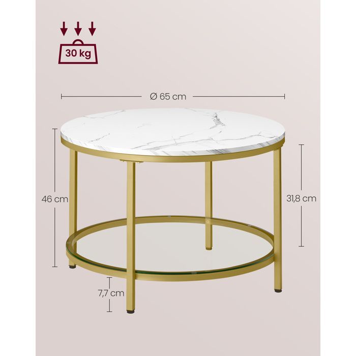 Tavolino da caffè VASAGLE, tavolino da soggiorno, effetto marmo, piano in vetro temperato, facile da montare, marmo bianco e oro chiaro.