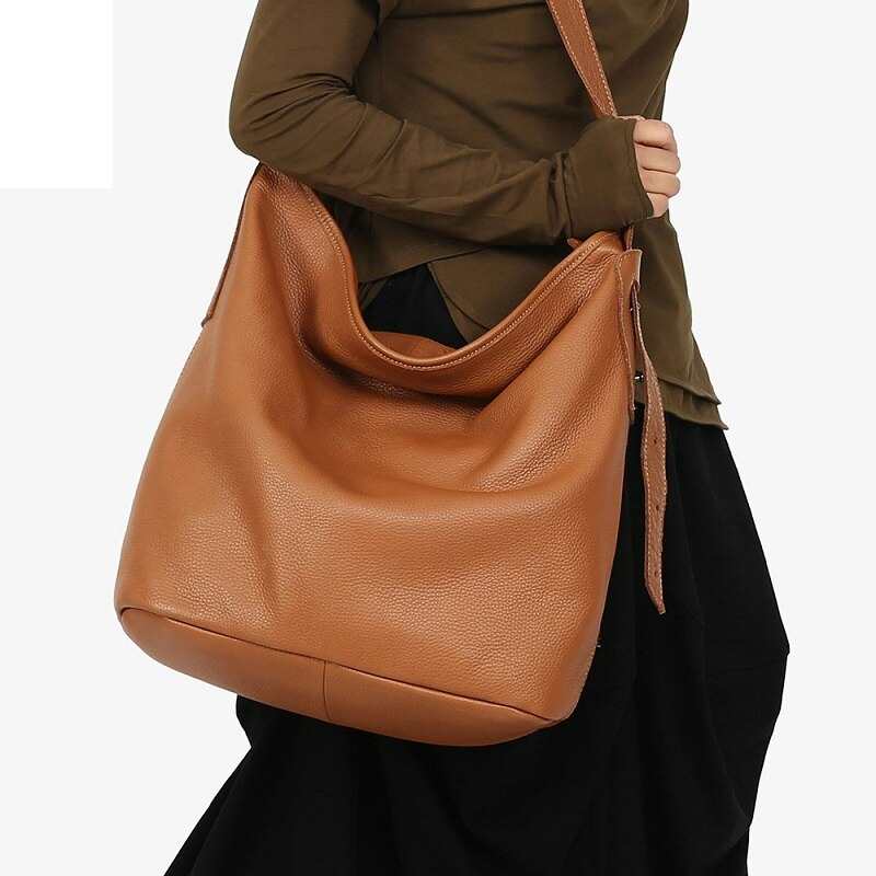Sac bandoulière femme, sac à main quotidien, sac en cuir véritable souple de haute qualité, grande capacité, large bandoulière, sac messager de voyage, sac seau