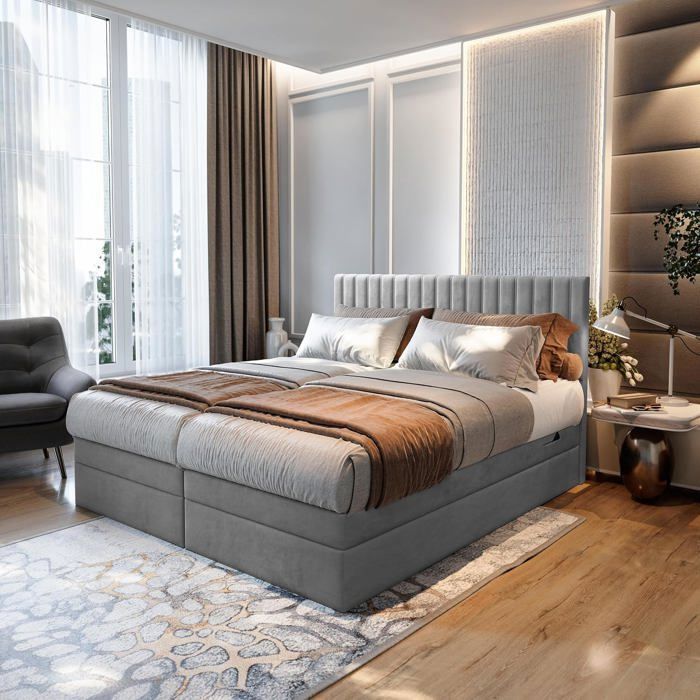 Letto matrimoniale ADÈLE - materasso e base elettrica regolabile - 160x200 cm - velluto grigio chiaro