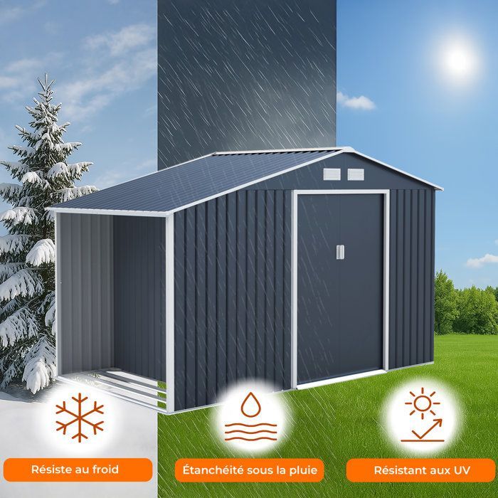 Abri de jardin en métal et abri bûches 6,53 m² - 342 x 191 x 202 cm - SOLIS - Kit d'ancrage inclus, 2 portes coulissantes - Gris