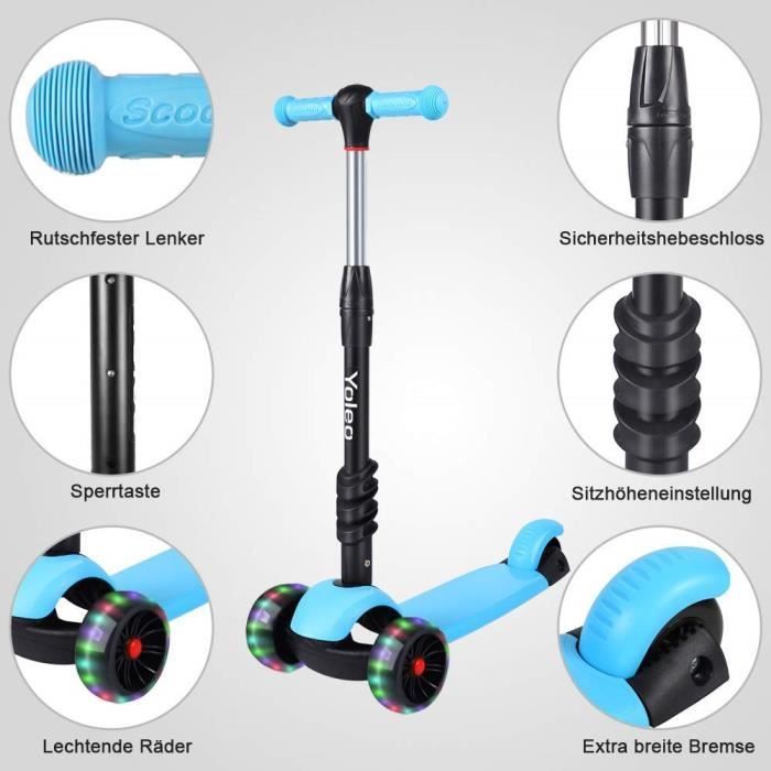 Patinete infantil Yoleo 3 em 1 com assento removível - Azul - Altura ajustável - Rodas de LED