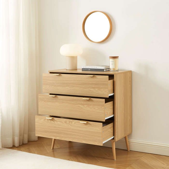 Cómoda JEANNE de 3 cajones con efecto roble, 80 cm - Madera clara