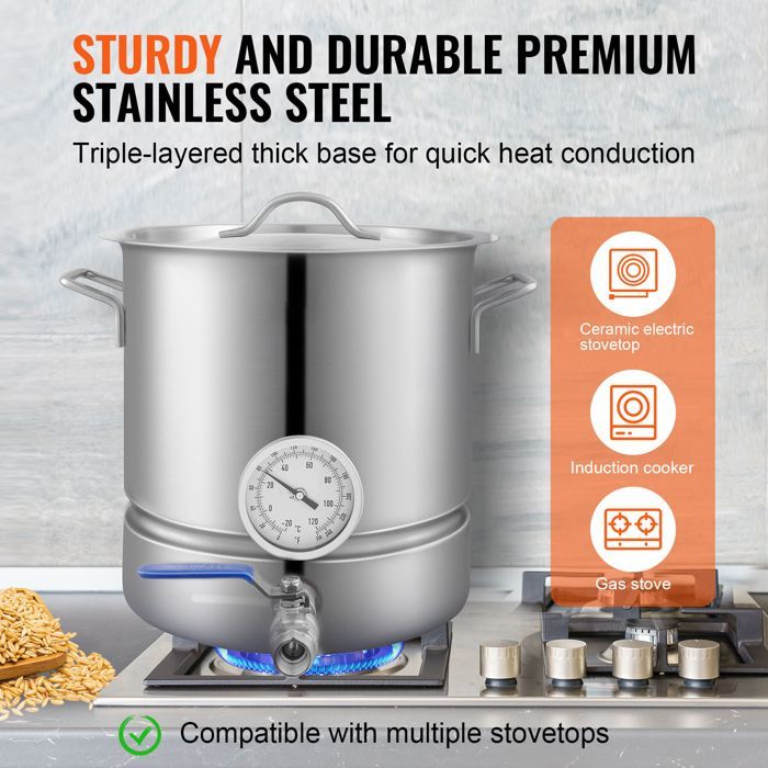 Pentola per birra Duoku da 5 galloni in acciaio inox - Bollitore a triplo strato - Accessori per la produzione di birra in casa - Coperchio