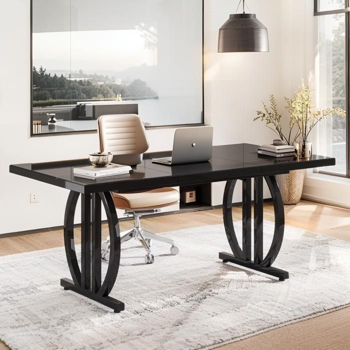 Mesa de comedor - 160×80×75 cm. Mesa de cocina - rectangular con estructura metálica - apta para 6 personas - negra.