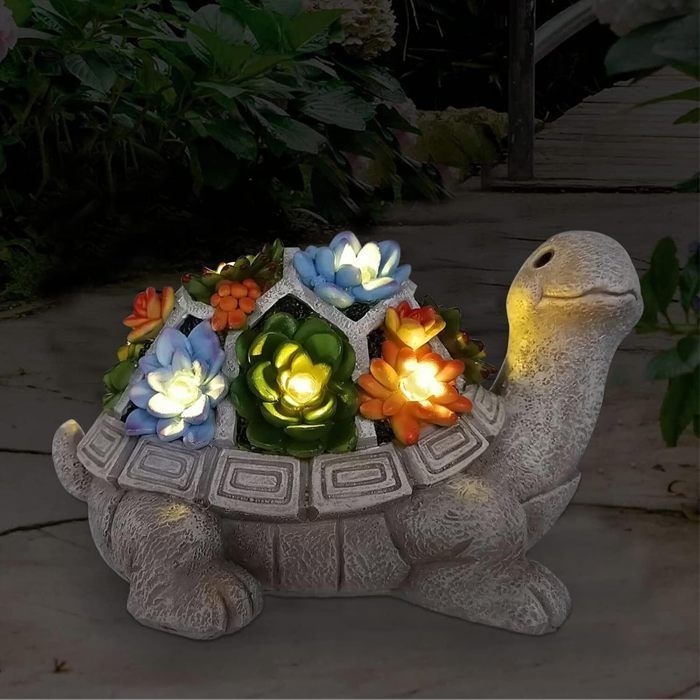 Estatua de tortuga de resina para jardín exterior - con plantas suculentas, funciona con energía solar - Estatua de jardín para exteriores, decoración de jardín, idea de regalo para mamá