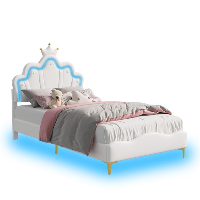 Cama individual, cama infantil tapizada de 90x200cm, estructura con LED y somier de láminas, cama Princess Heiress, blanca, PU