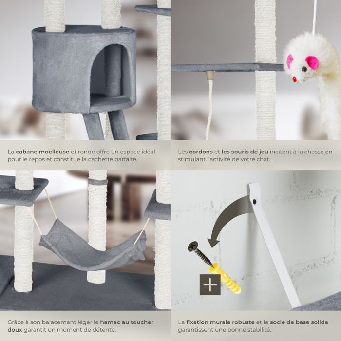Cat tree - TECTAKE - SNOOKY cat furniture with large scratching post and 1 hammock 218 x 70 x 216 cm - Grey