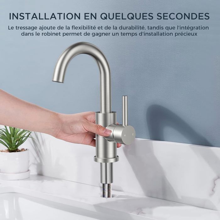 Rubinetto girevole a 360° per bagno/cucina, miscelatore per lavabo in nichel spazzolato, facile da installare in bagno.