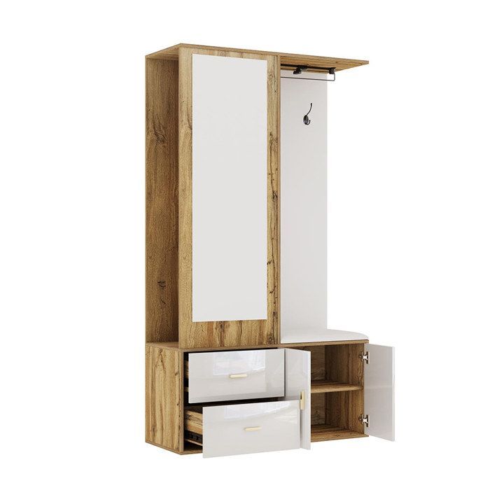 White and wood entryway wardrobe with mirror, shoe cabinet, shoe bench with hooks and sliding hangers