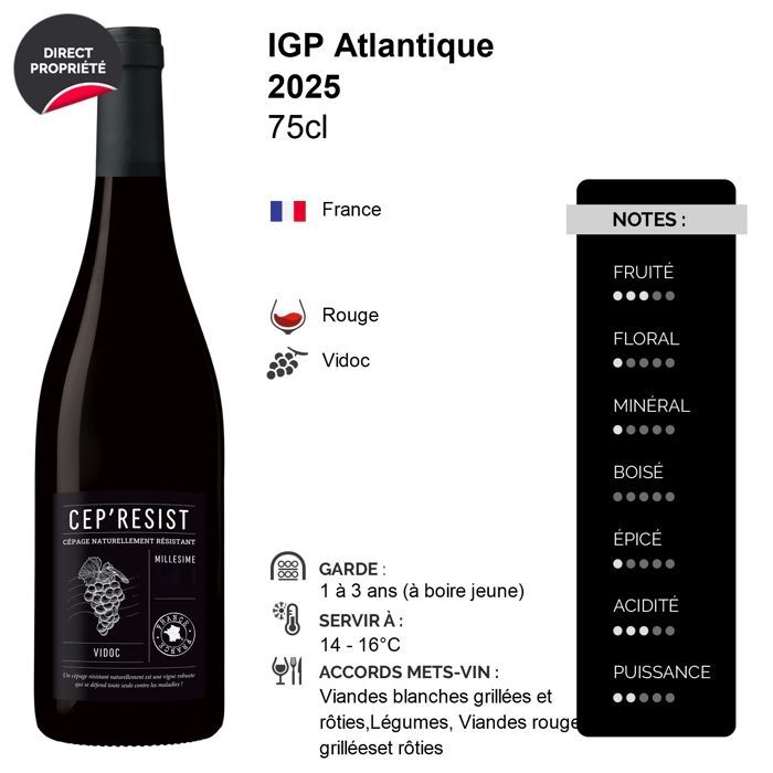 Tutiac Atlantique Cep'Resist Vidoc 2025 - Red Wine from the Southwest (6x75cl)