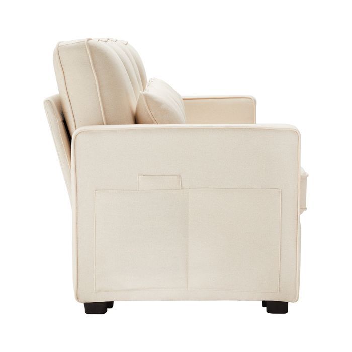 Four-seater straight sofa with armrest pockets and four cushions for the living room, apartment, or office. Beige linen fabric.