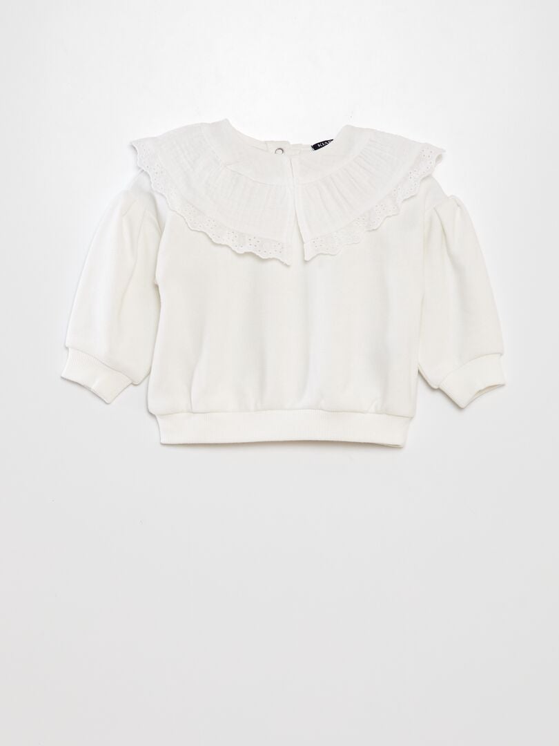 Sweatshirt met brede kraag van katoenen gaas + borduurwerk - WIT