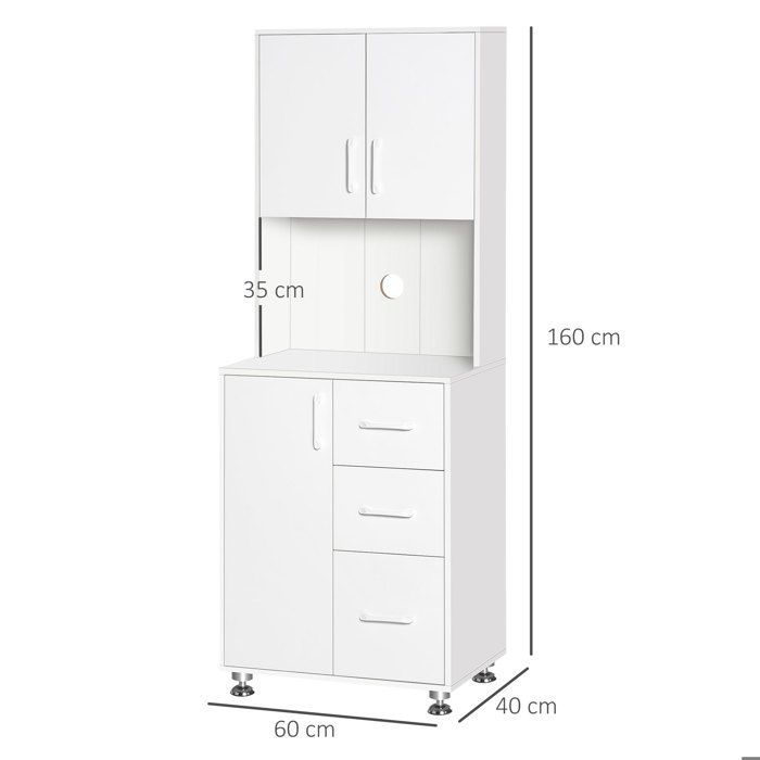 Aparador alto de cocina - HOMCOM - 3 puertas, 3 cajones y encimera - aglomerado - 60 x 40 x 160 cm - blanco