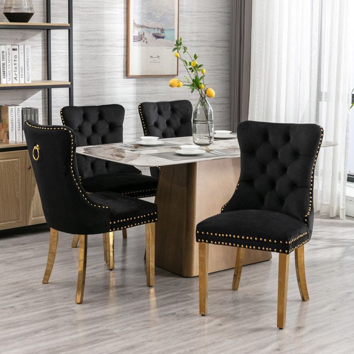 Set of 2 Upholstered Velvet Dining Chairs - Contemporary Style - Plated Stainless Steel Legs - Black and Gold