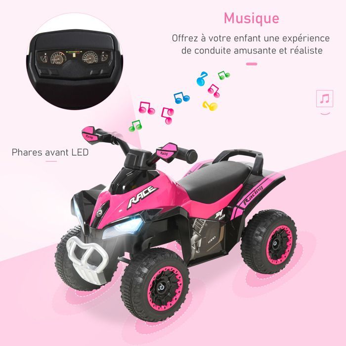 Porteur enfants quad 12-36 mois dim. 67L x 38l x 44H cm effets lumineux et sonores rose noir