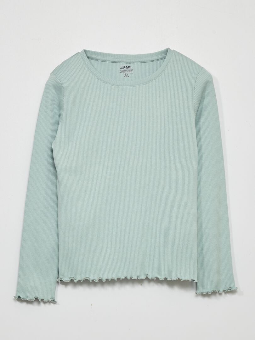 Geribbeld gebreid T-shirt met lange mouwen - Aqua groen