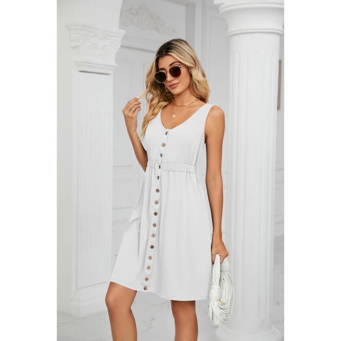 Abito estivo da donna senza maniche con tasche, abito casual al ginocchio con bottoni, comodo, tinta unita - bianco