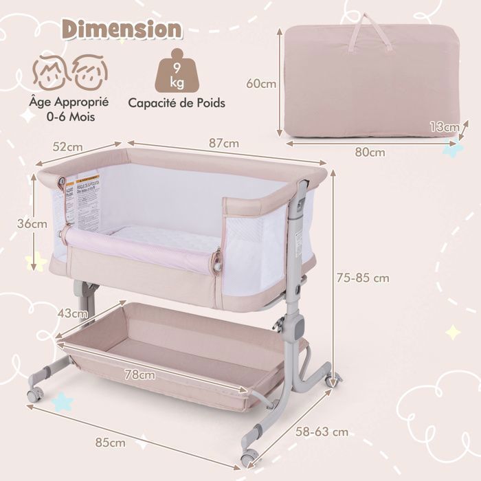 Lit Cododo Bébé avec Matelas 2,5cm COSTWAY-Dès la Naissance-9 kg-6 Hauteurs-4 Roulettes-Portable Pliable-Étagère de Rangement-Beige