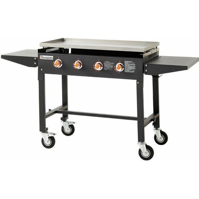 Piastra a gas BRASERO Carmen su carrello - 4 bruciatori - Piastra in acciaio inox - 90 x 45,5 cm - Carrello pieghevole con ripiani laterali pieghevoli, Nero