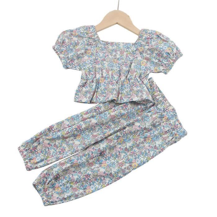 Conjunto de 2 piezas para niñas: Top de manga abullonada con estampado floral, shorts, camisa transpirable, azul