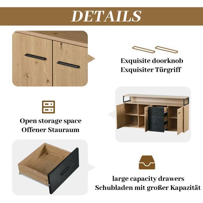 Buffet industriel 3 portes 3 tiroirs-Commode Armoire de cuisine-Buffet haut avec poignées métalliques-150x35x75.9cm Noir+Bois