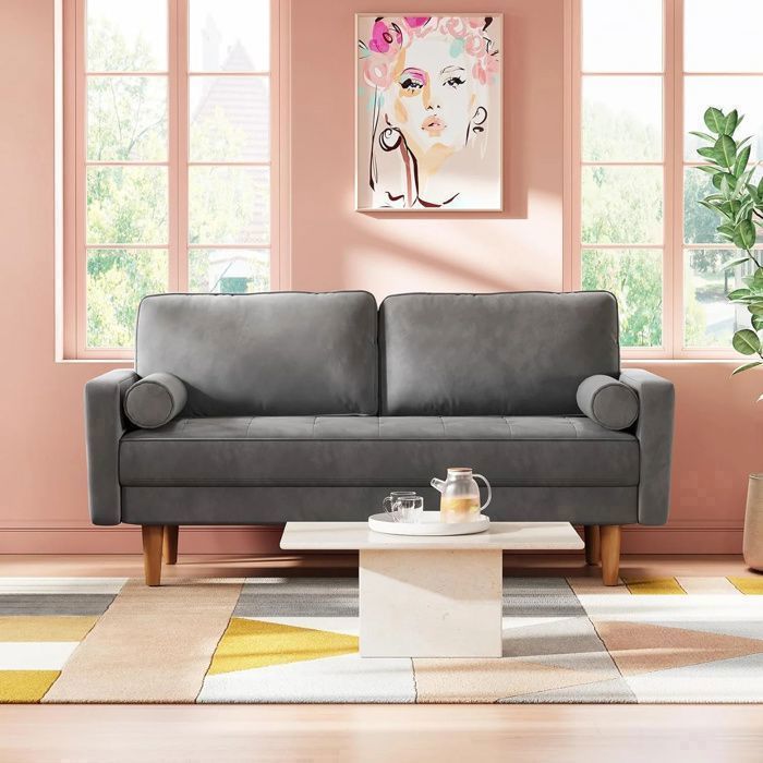 Canapé 2 Places en Velours Gris,Canapé Scandinave avec 2 coussins pour le salon,Fauteuil Moderne capitonné 148 x 78 x 85 cm