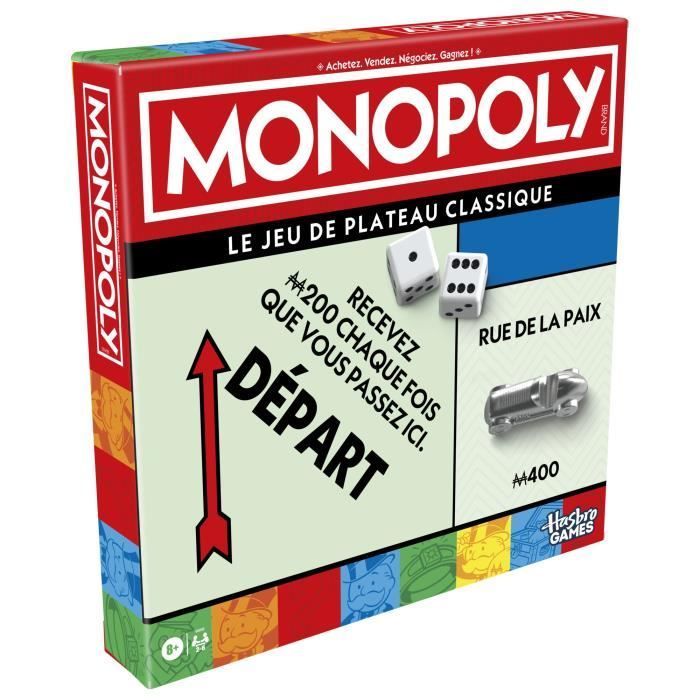 Klassiek Monopoly-bordspel, met opbergdoos en grote speelstukken, 2 tot 6 spelers, Franse versie, vanaf 8 jaar.
