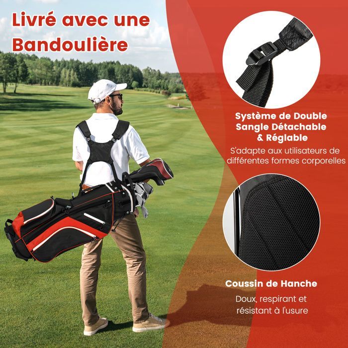 COSTWAY Tripod Golf Bag - Rainproof Hood - 14-Way Top Dividers - 6 Pockets - Insulated Bag - Double Straps - Red