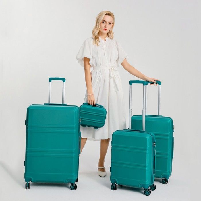 Juego de 4 maletas rígidas Kono, equipaje de cabina (28+55+65+74 cm) con 4 ruedas y cerradura TSA + neceser portátil, color azul.