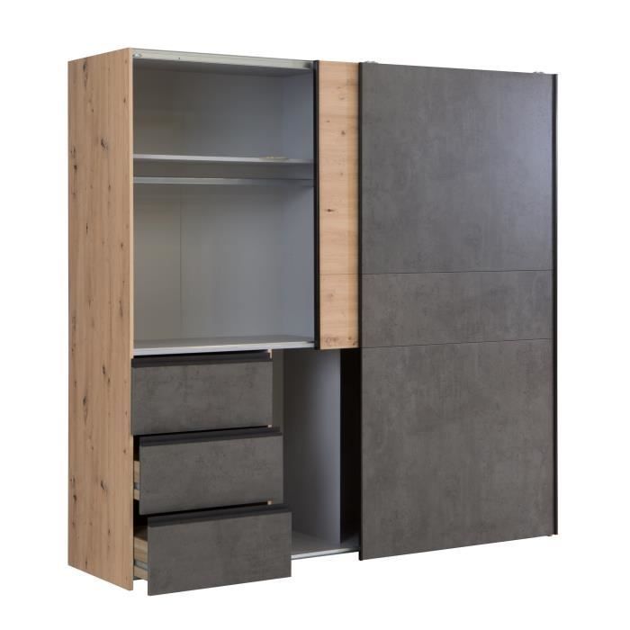 Armario con 2 puertas correderas y 3 cajones - Acabado en roble artesanal y hormigón gris - Ancho 200,1 x Profundidad 61,2 x Alto 200,5 cm - WINN2