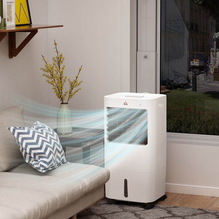 Enfriador de aire - HOMCOM - Enfriador de aire evaporativo portátil 3 en 1 con oscilación, 3 velocidades, control remoto y temporizador de 8 horas - Blanco