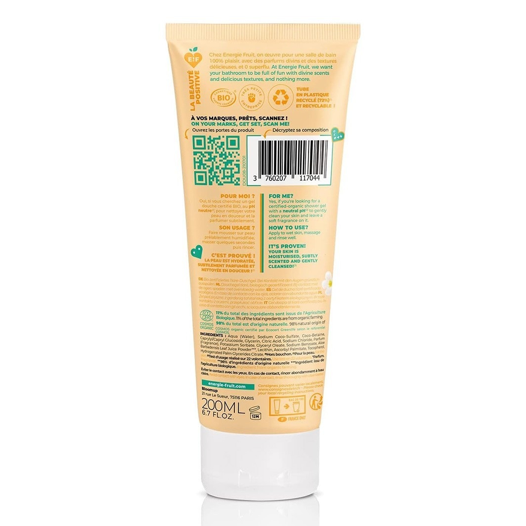 Energie Fruit gel douche bio fleur de tiare & aloe vera bio 98% ingredients d'origine naturelle
