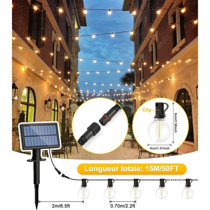 Guirnalda de luces solares para exteriores de 15 m, bombillas LED G40, resistente al agua IP65, ideal para jardín, patio y bodas.