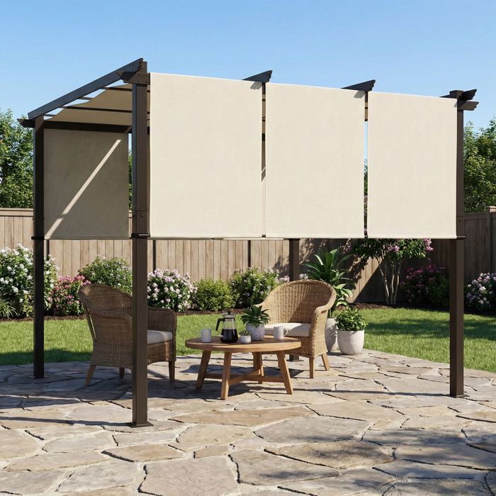 Pergola - Outsunny - avec 3 toiles coulissantes  - 3 x 3 x 2,38 m  - structure acier noir toile polyester haute densité  - beige