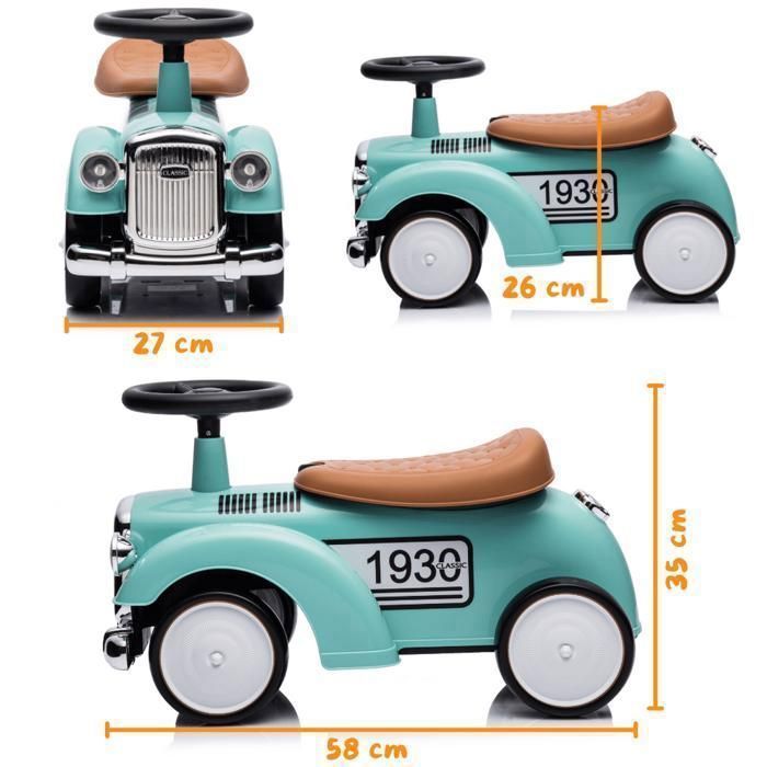 Porteur Enfant Voiture Rétro Classic 1930 - Porteur Bébé 1 à 3 ans  - Vert - Klaxon & Coffre - Aide à la Marche