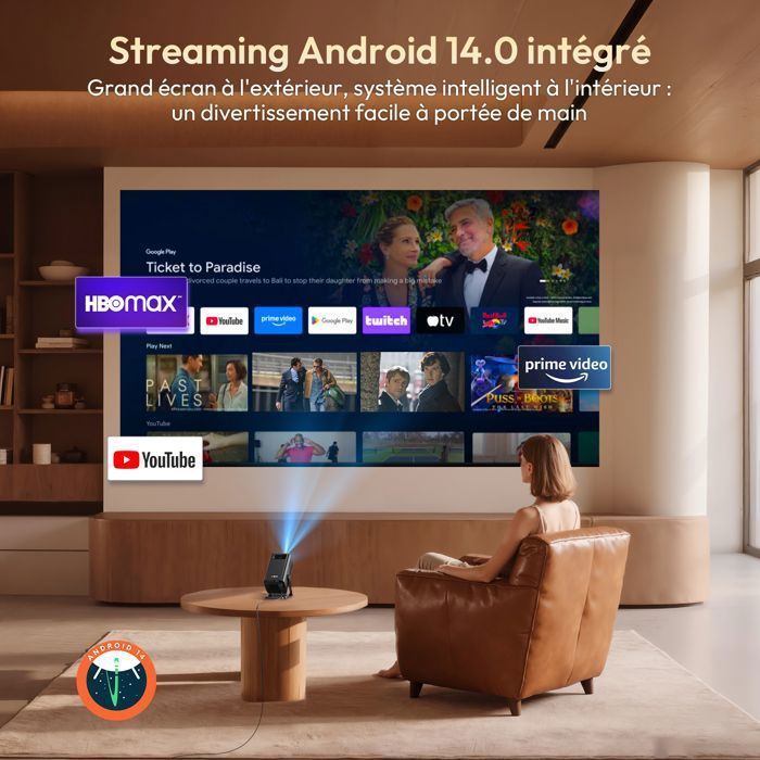 Mini projetor de vídeo portátil, compatível com 4K e 1080p, Android 14, Wi-Fi e Bluetooth 5.4 - 300 ANSI - Correção automática de keystone.