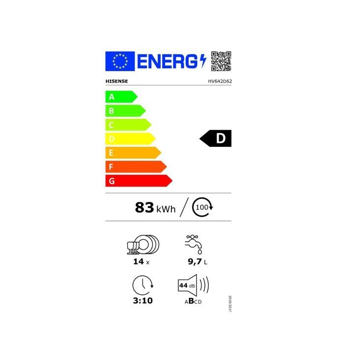 Lavastoviglie Hisense da 60 cm, 14 coperti, 44 dB, completamente integrata - HV642D62
