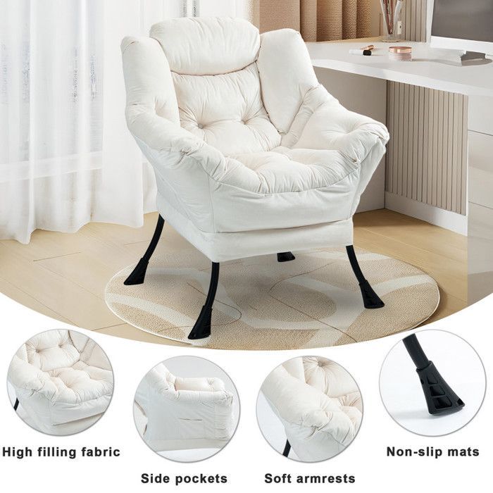 Rocking chair 75 x 80 x 85 cm, metal rocking chair with side pockets, minimalist nursing chair, white