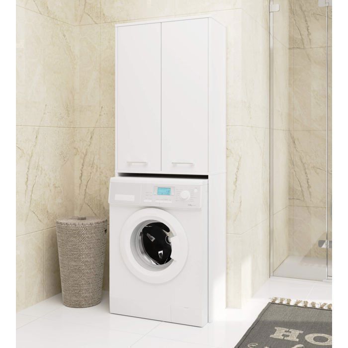 Meuble pour machine à laver AKORD FIN Blanche 64 cm 2 portes façade Blanche 4 étagères 64x30x180 cm