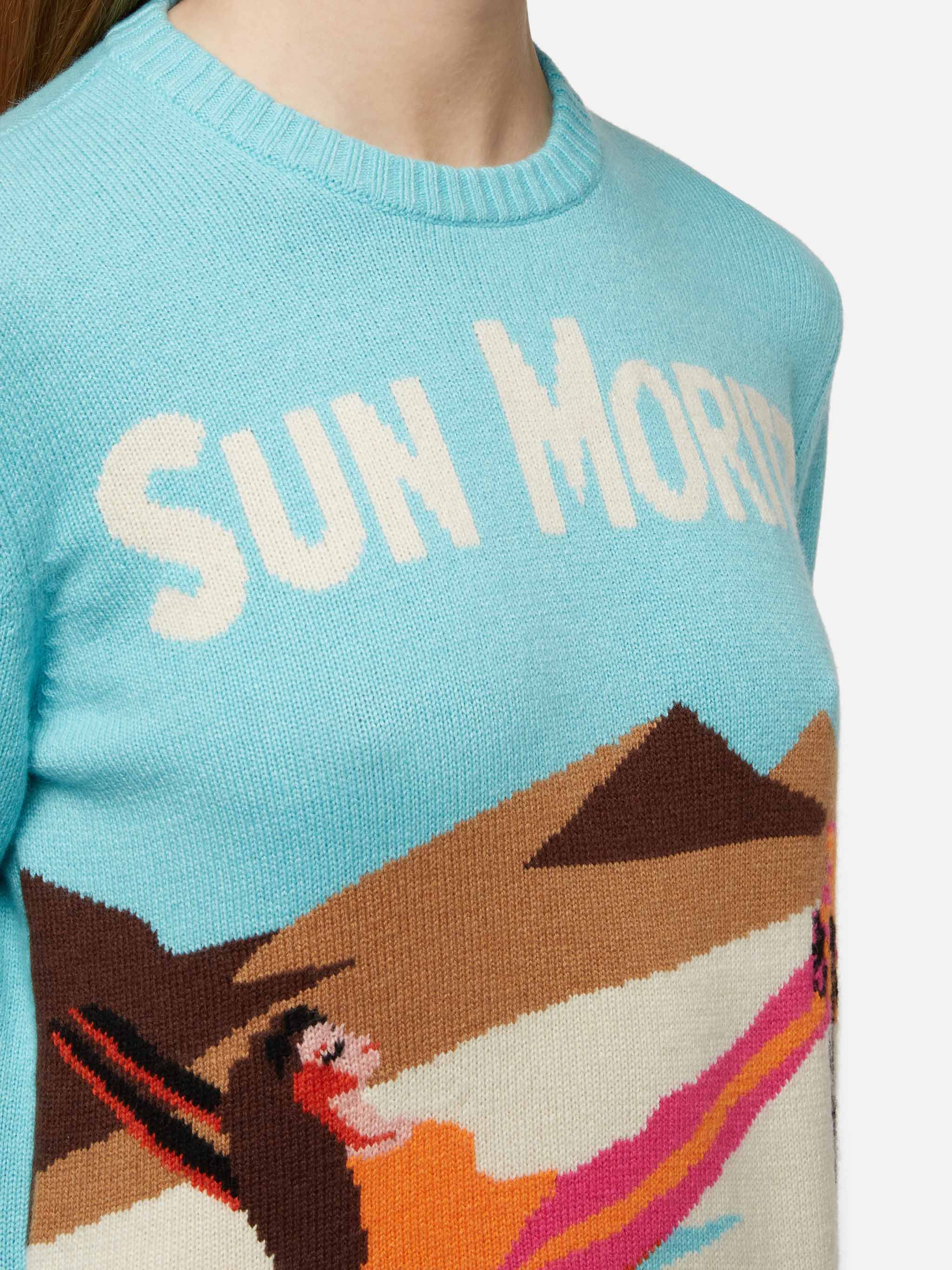 Nouveau pull bleu Queen avec carte postale jacquard Sun Moritz
