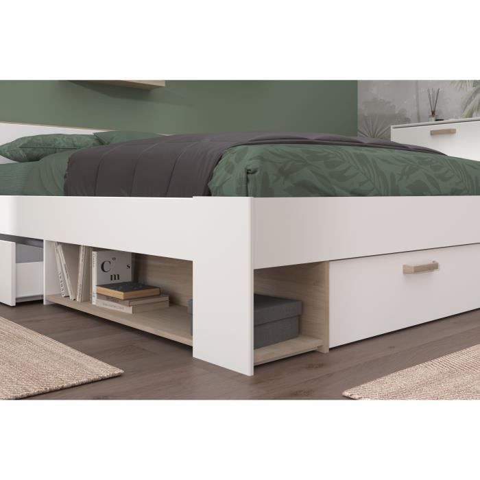 Chambre complète adulte - DREAM - Lit 140x190/200 cm + 2 chevets + armoire - Décor blanc et chêne - PARISOT