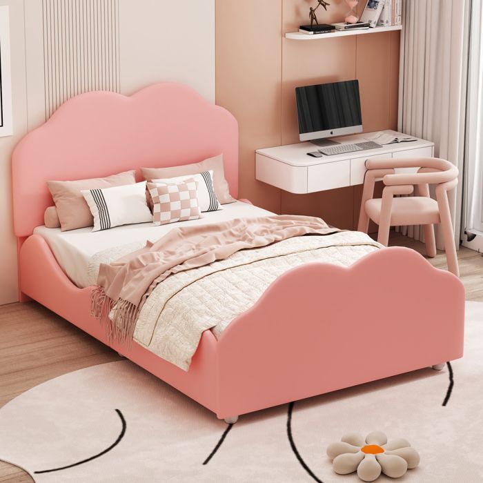 Lit enfant rembourré 90x200 cm en velours rose avec barrière et tête en forme de nuage — sommier inclus