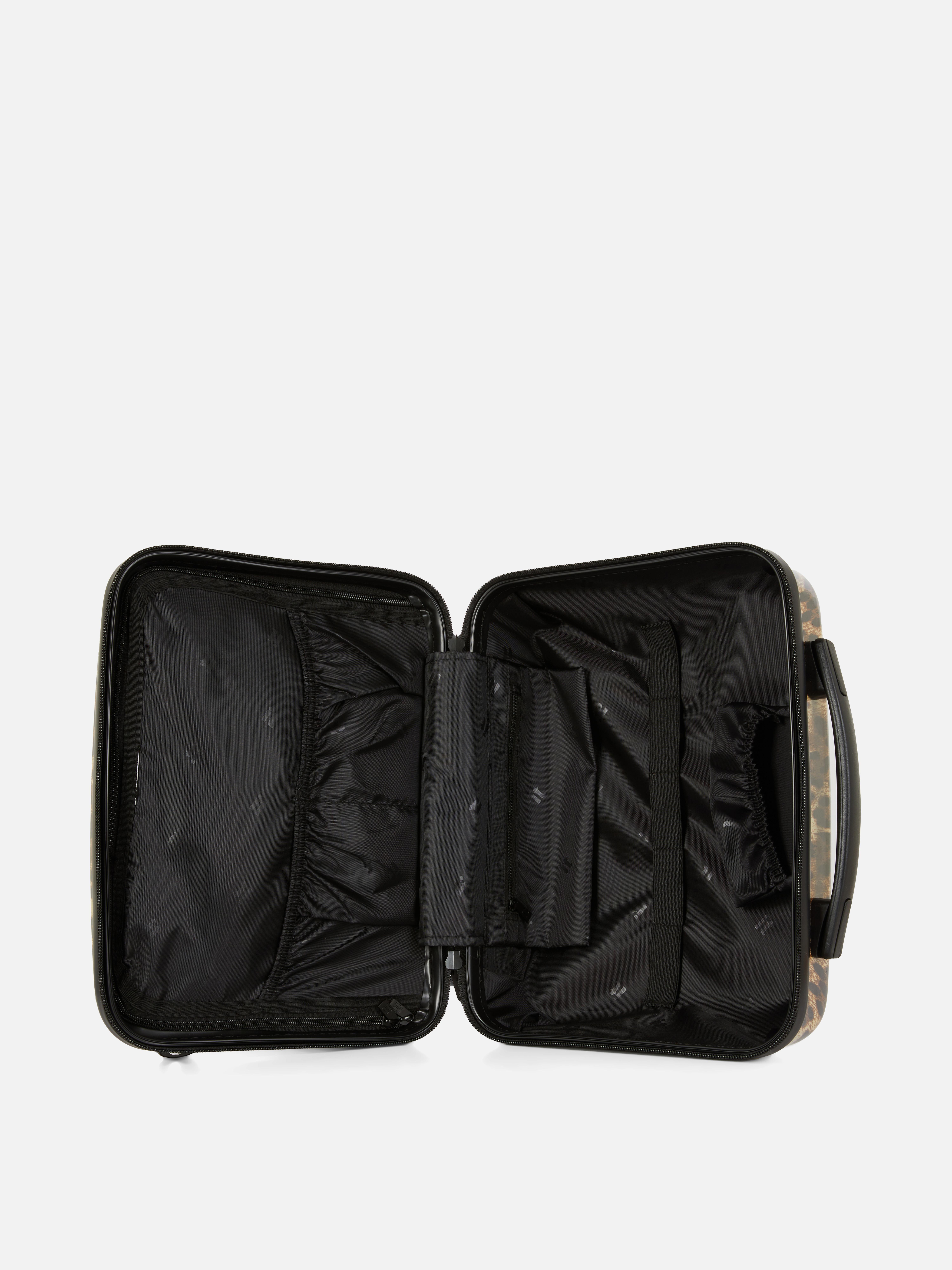 Koffer it Luggage Leopard Vanity Kozmetikai táska kemény külsővel, zsebekkel és leopárdmintás pántokkal.