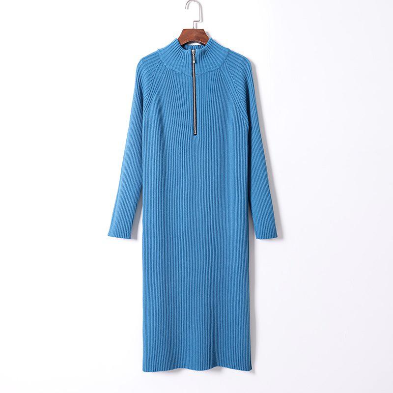 Robe longue droite en maille zippée pour femme, automne-hiver, épaisse et chaude, pull à col roulé côtelé